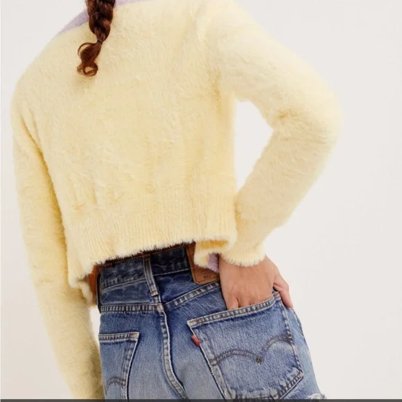 NWT For Love & Lemons Sheila Yellow & Purple Fuzzy Cropped Cardigan Size Small - Picture 2 of 10